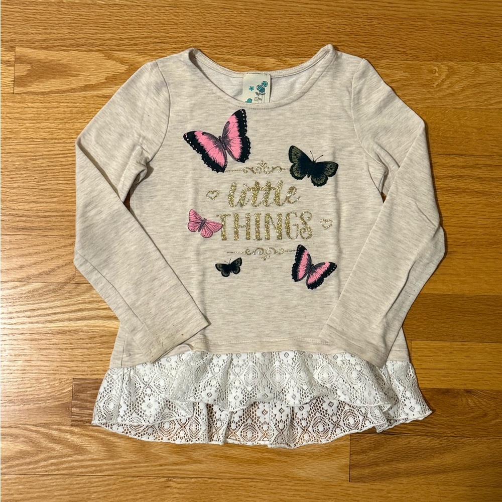 Girls Cream Long-Sleeve Top with Lace Trim & Butterfly Accents Sz 6